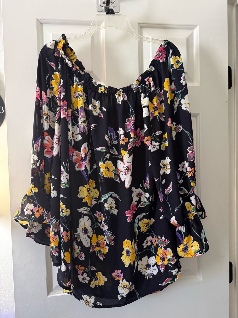 Emerald Dark Blue Floral Off-Shoulder Tunic with Yellow & Pink Blooms